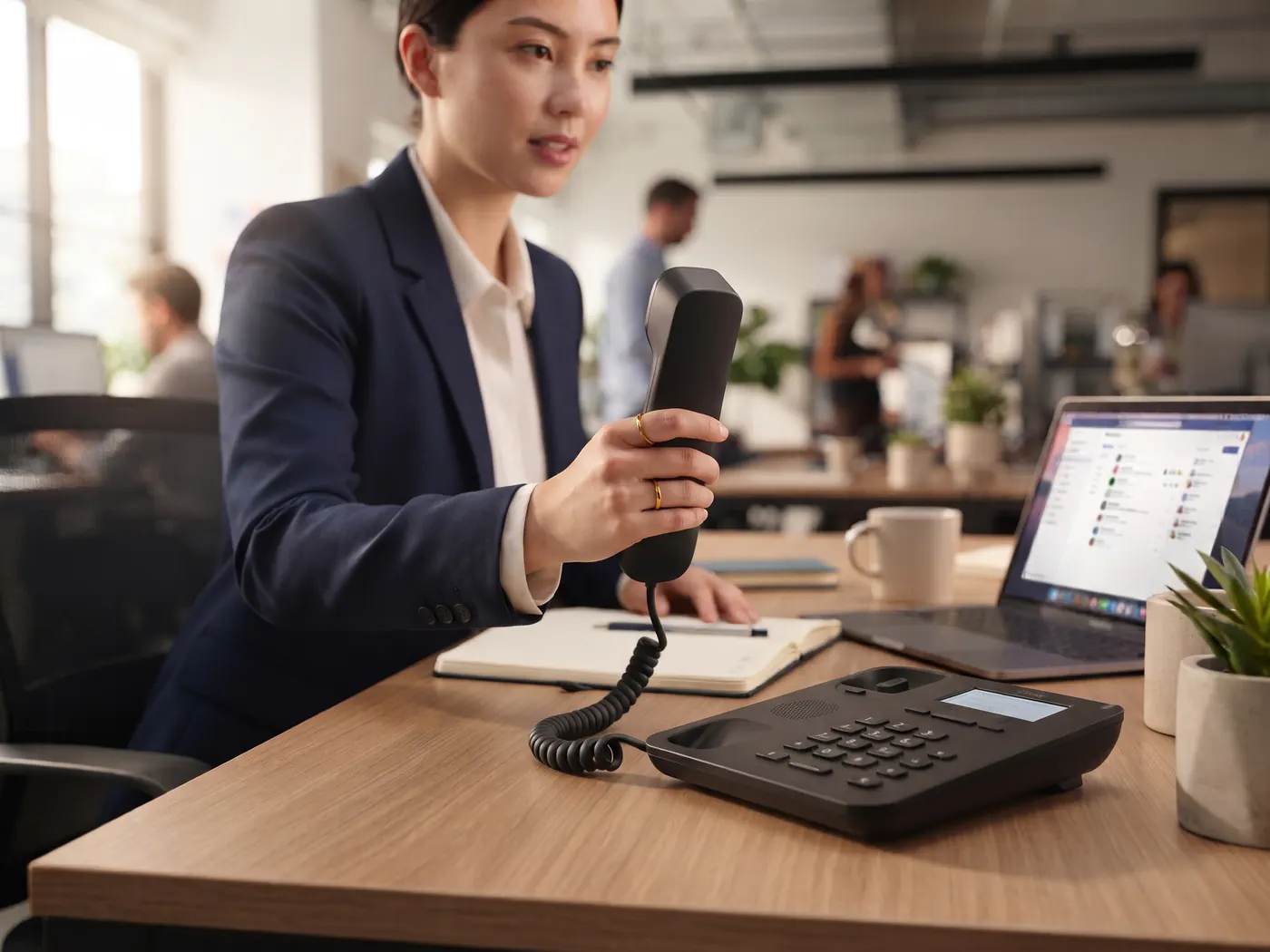 A person taking a call on a desk phone in an open-plan office